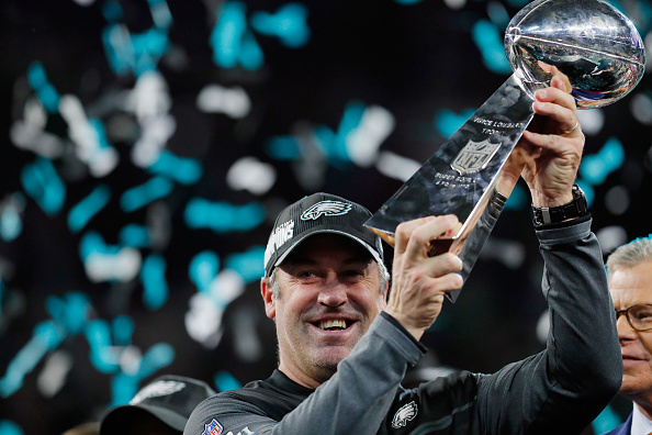 Philadelphia Eagles quarterback Nick Foles (9) holds up the Vince Lombardi  Trophy after Super Bowl LII at U.S. Bank Stadium in Minneapolis, Minnesota  on February 4, 2018. The Philadelphia Eagles won 41-33